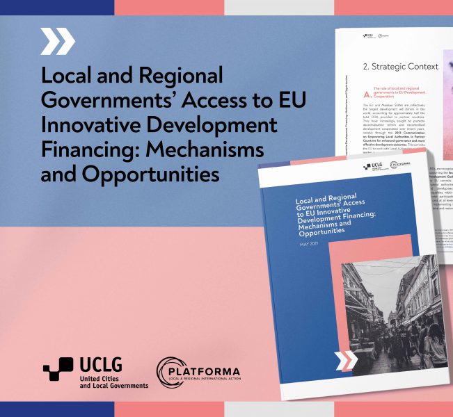 EU innovative development financing opportunities study banner and cover with UCLG and Platforma logos