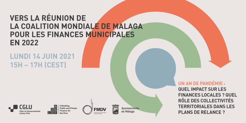 Pancarte pour la deuxième réunion préparatoire de la Coalition de Malaga le 14 juin 2021, avec les logos de CGLU, UNCDF, le FMDV et la Ville de Malaga